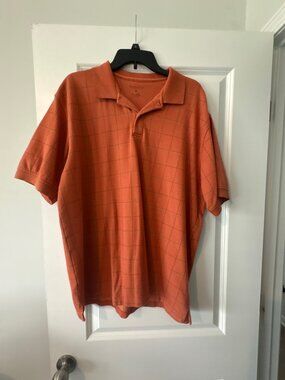 Van Heusen Men's XL Checked Polo Shirt Orange Windowpane Short Sleeve